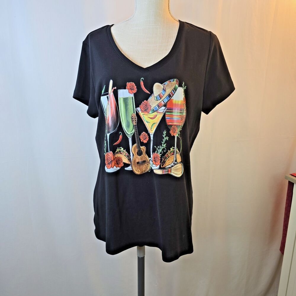 St. Johns Bay Womens Size OX V-Neck T-Shirt in Black Drinks Sombrero Tacos Chili